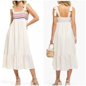 August Sky Embroidered Tie Strap Empire Waist Midi Dress Ivory Size Large NWOT